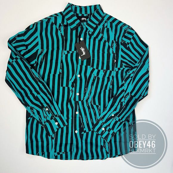 Stussy Off Stripe Button Up Long Sleeve Turquoise Black Shirt Men's Size M - Picture 1 of 4